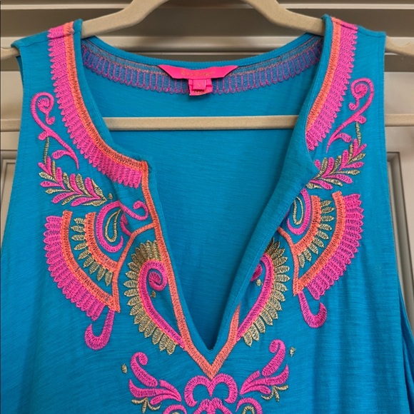 Lilly Pulitzer Turquoise Dress/Coverup with Pink and Orange Pom Pom Trim- Size S - Picture 3 of 6